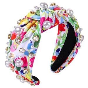 Women's Multicolor Embellished Rhinestone Pearl Knotted Trendy Floral Headband